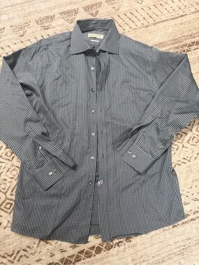 Michael Kors Men's Navy and White Micro-Check Dress Shirt